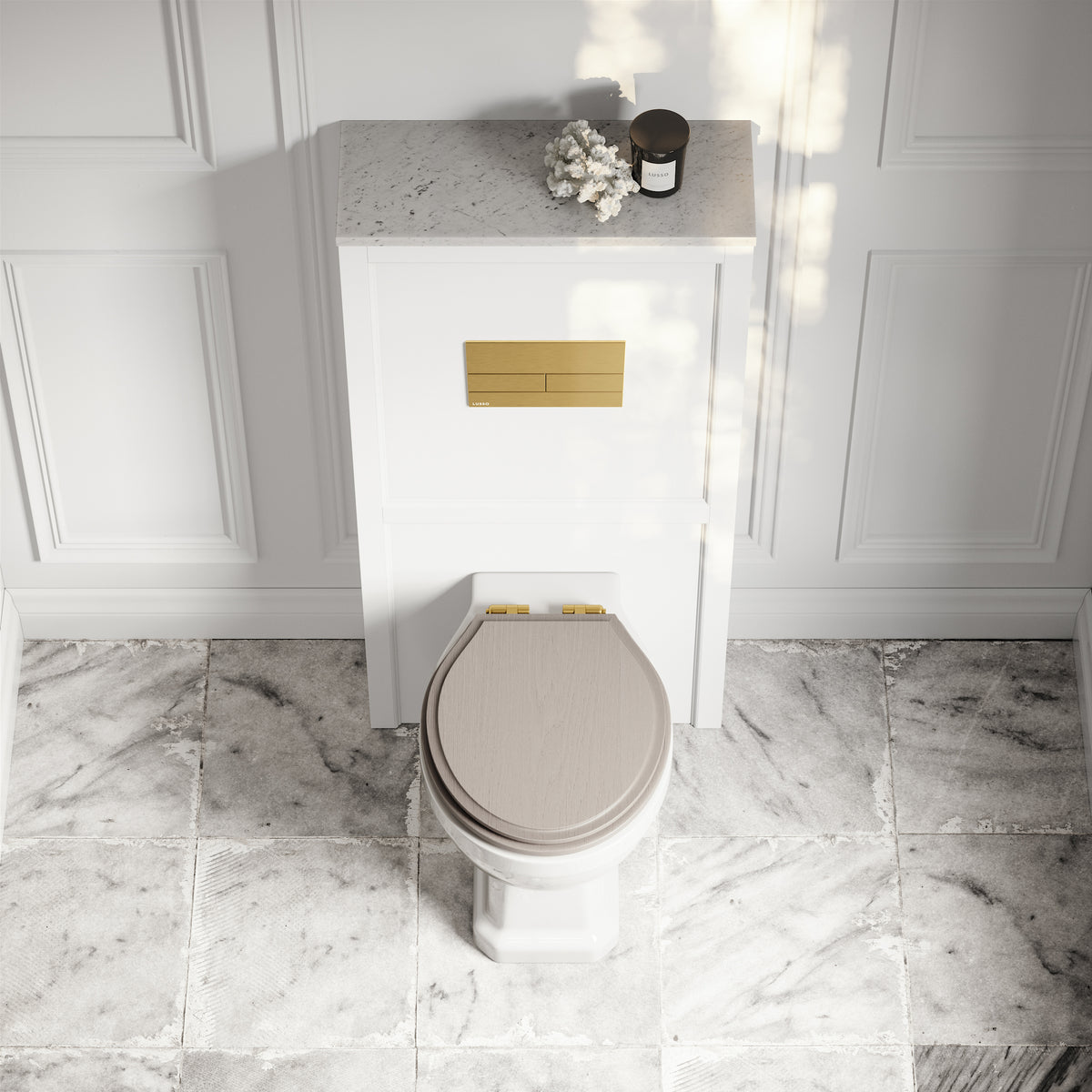 Portland Back To Wall Traditional Toilet with Solid Oak Velvet Beige Seat, Concealed Cistern, Square Flush Plate and Claridge Matte White WC Housing