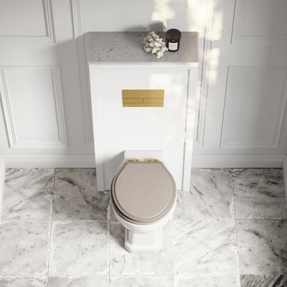 Portland Back To Wall Traditional Toilet with Solid Oak Velvet Beige Seat, Concealed Cistern, Square Flush Plate and Claridge Matte White WC Housing