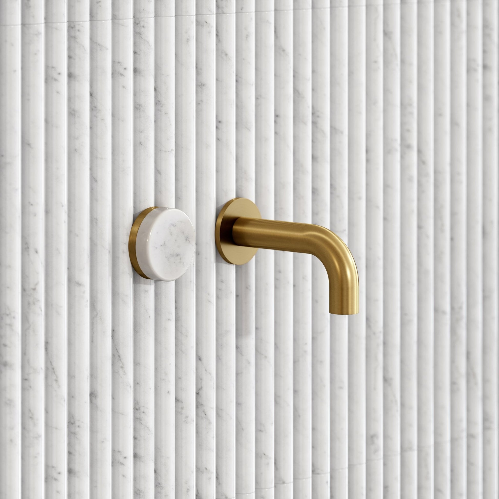 Porto Short Projection Wall Mounted Basin Tap (Brushed Gold & Carrara Marble)