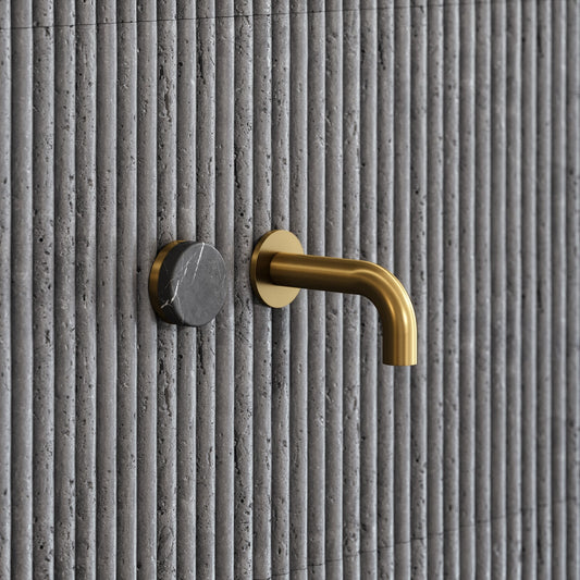 Porto Short Projection Wall Mounted Basin Tap (Brushed Gold & Pietra Grey Marble)