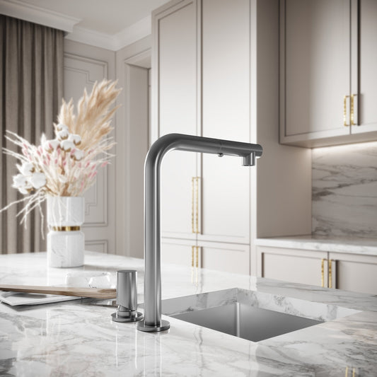 Pure Brushed Stainless Pull Out Swivel Kitchen Tap