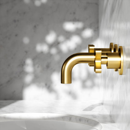Regal Brushed Gold Crosshead Wall Mounted Short Projection Basin Mixer Tap