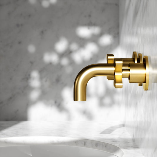 Regal Brushed Gold Crosshead Wall Mounted Short Projection Basin Mixer Tap