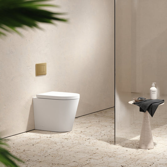 Senza Back To Wall Rimless Toilet with Concealed Cistern and Brushed Gold Flush Plate