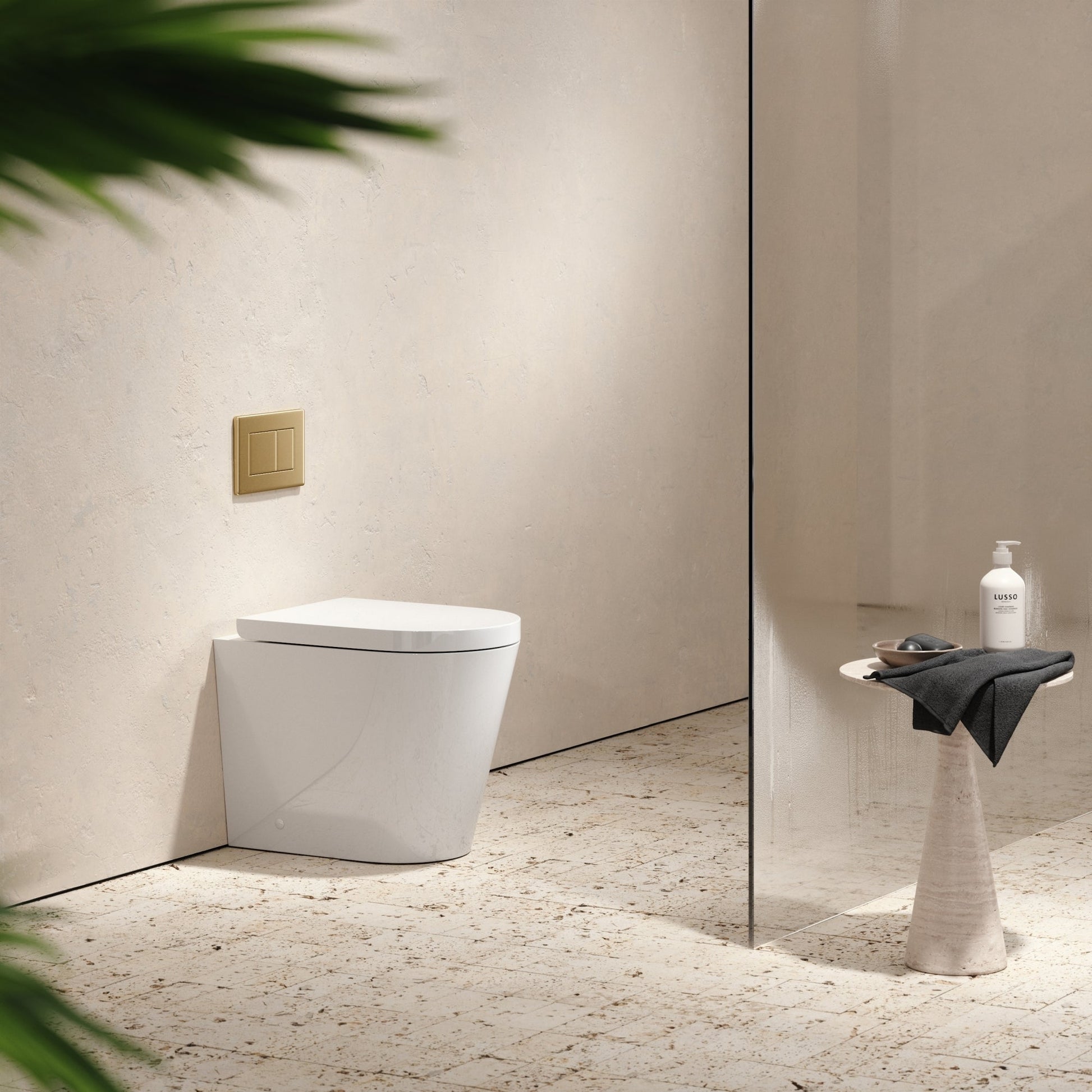 Senza Back To Wall Rimless Toilet with Concealed Cistern and Brushed Gold Flush Plate
