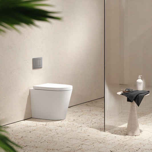 Senza Back To Wall Rimless Toilet with Concealed Cistern and Brushed Stainless Flush Plate