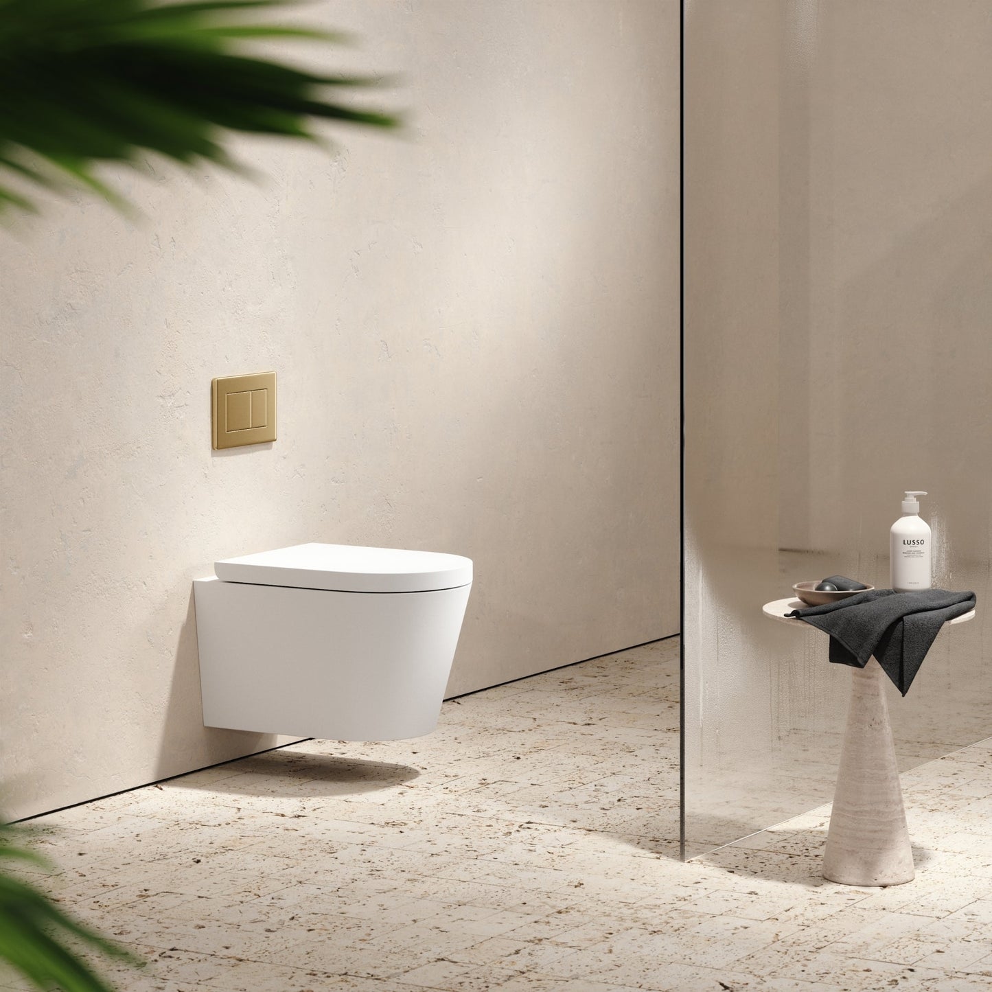 Senza Wall Hung Rimless Toilet with Concealed Cistern Frame and Brushed Gold Flush Plate