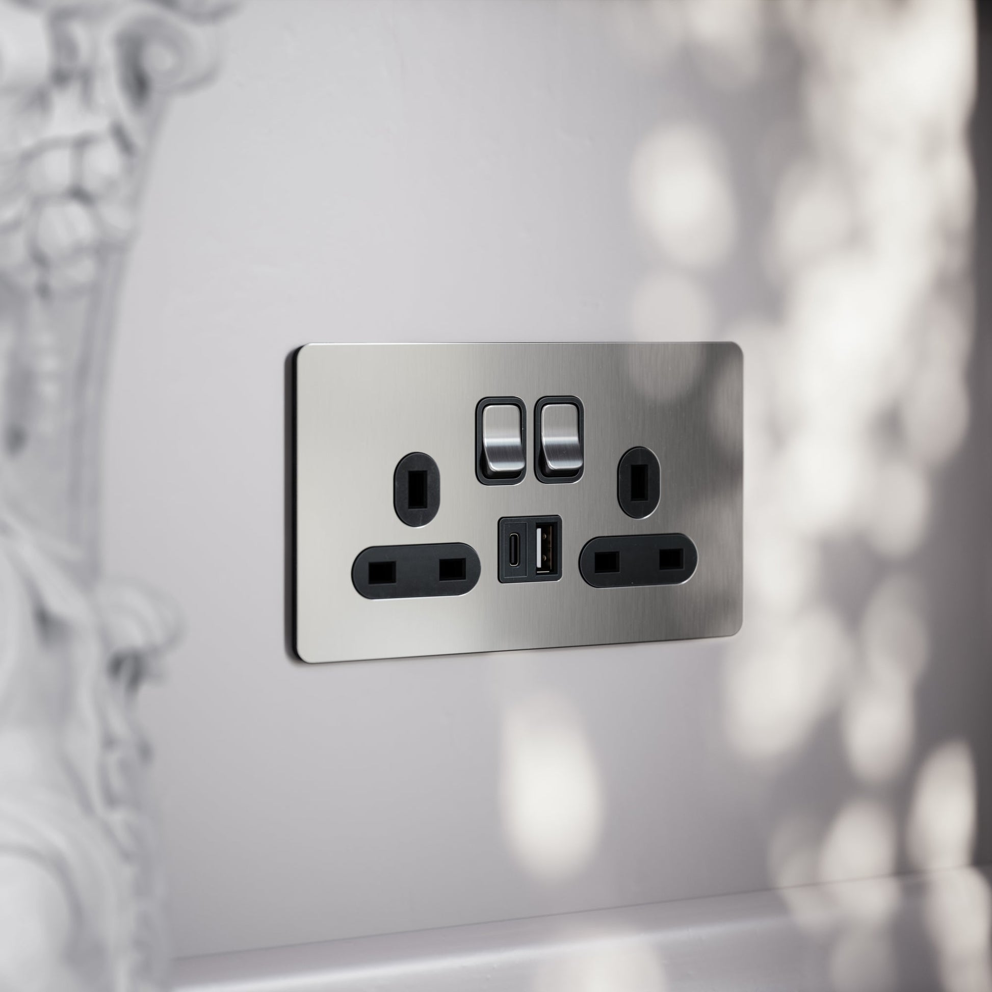 SlimTech Collection Brushed Stainless 2 Gang 13A USB & USB-C Socket