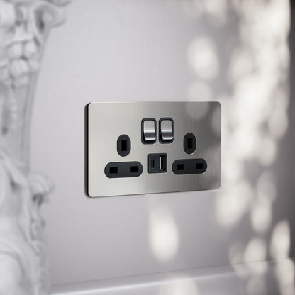 SlimTech Collection Brushed Stainless 2 Gang 13A USB & USB-C Socket