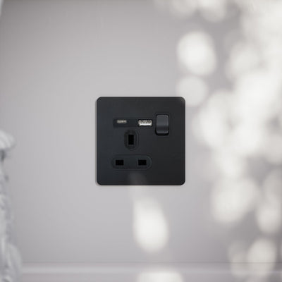 SlimTech Collection Matte Black 1 Gang 13A USB & USB-C Socket