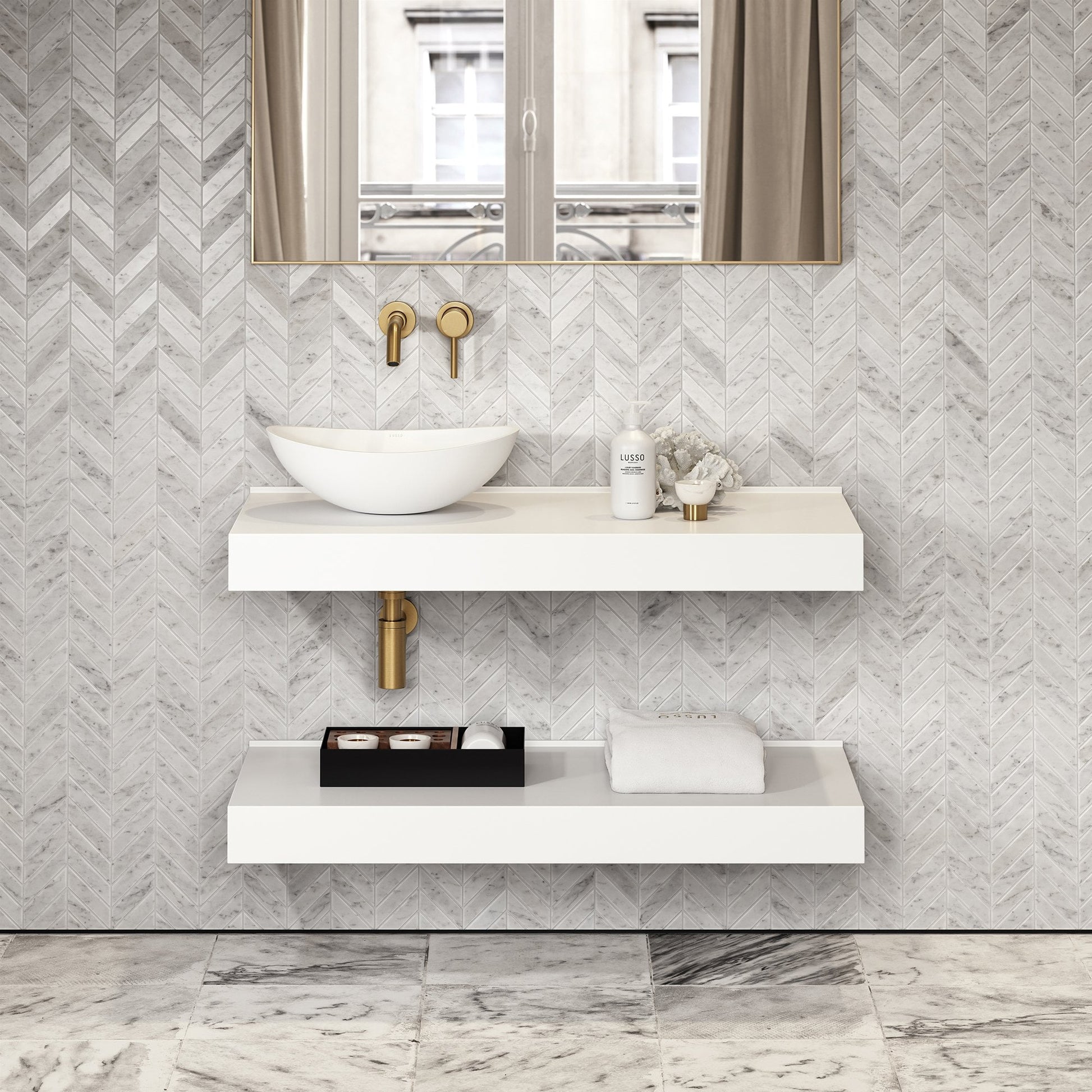 Stone Wall Hung Countertop Basin Shelf & Towel Shelf (1000mm Wide - Polished White)