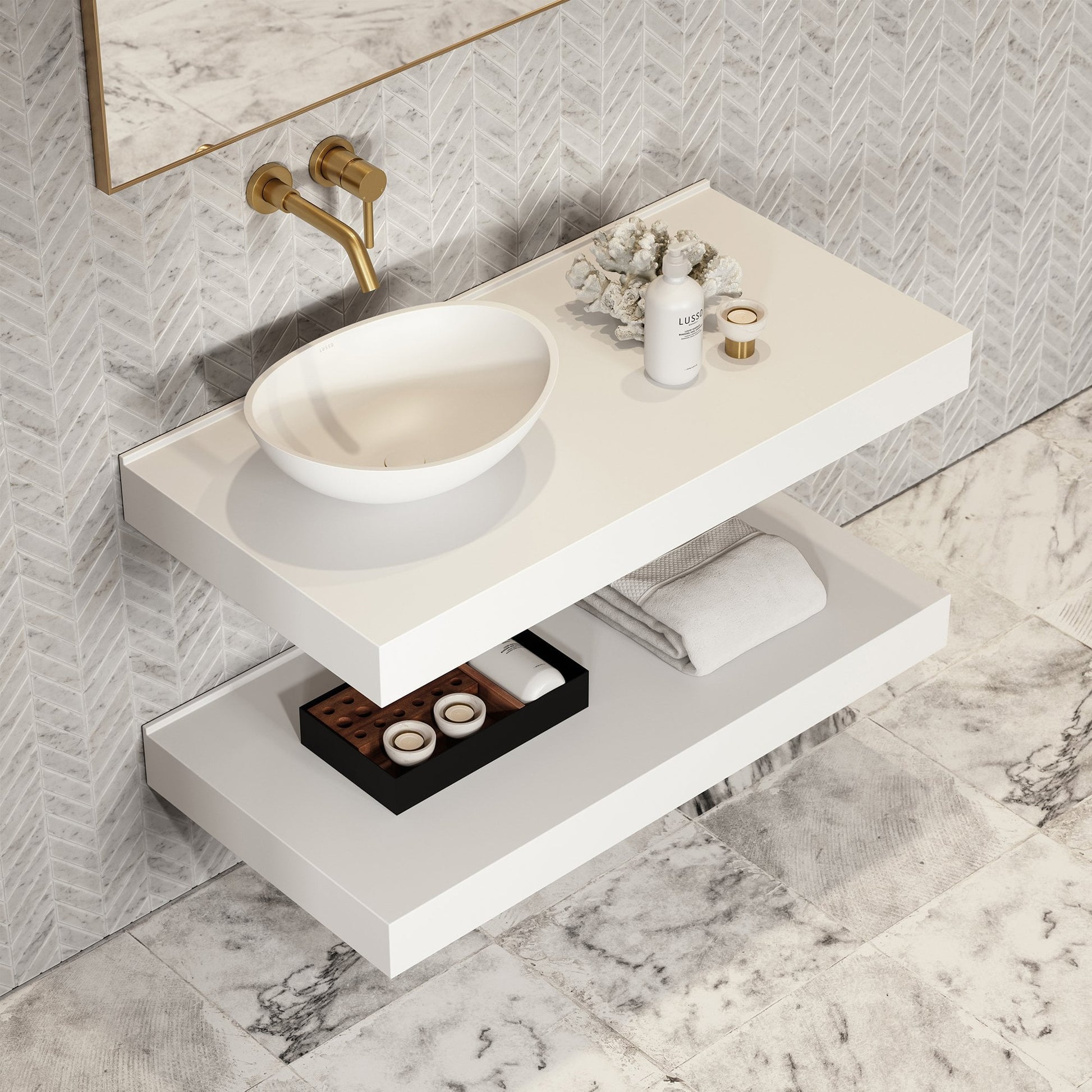 Stone Wall Hung Countertop Basin Shelf & Towel Shelf (1000mm Wide - Polished White)