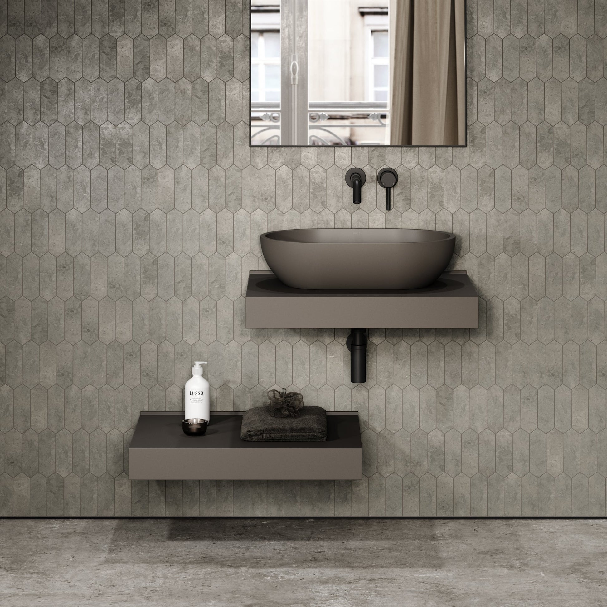 Stone Wall Hung Countertop Basin Shelf & Towel Shelf (660mm Wide - Earth)