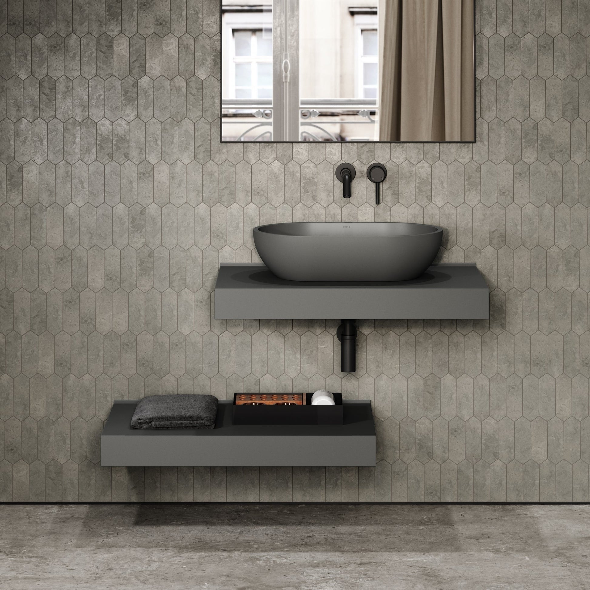 Stone Wall Hung Countertop Basin Shelf & Towel Shelf (800mm Wide - Clay)