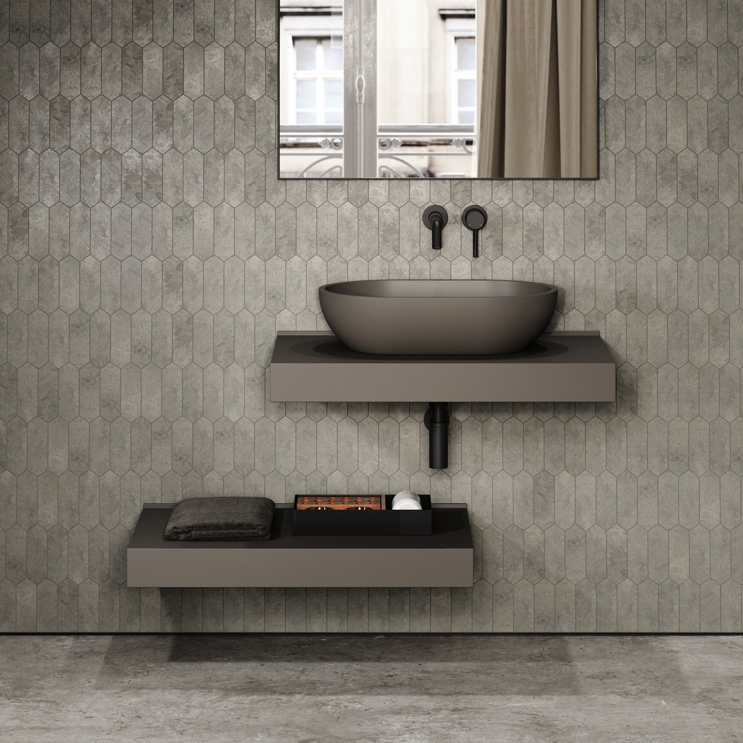 Stone Wall Hung Countertop Basin Shelf & Towel Shelf (800mm Wide - Earth)