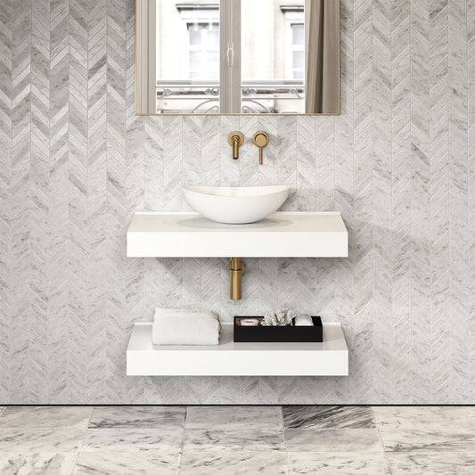 Stone Wall Hung Countertop Basin Shelf & Towel Shelf (800mm Wide - Matte White)