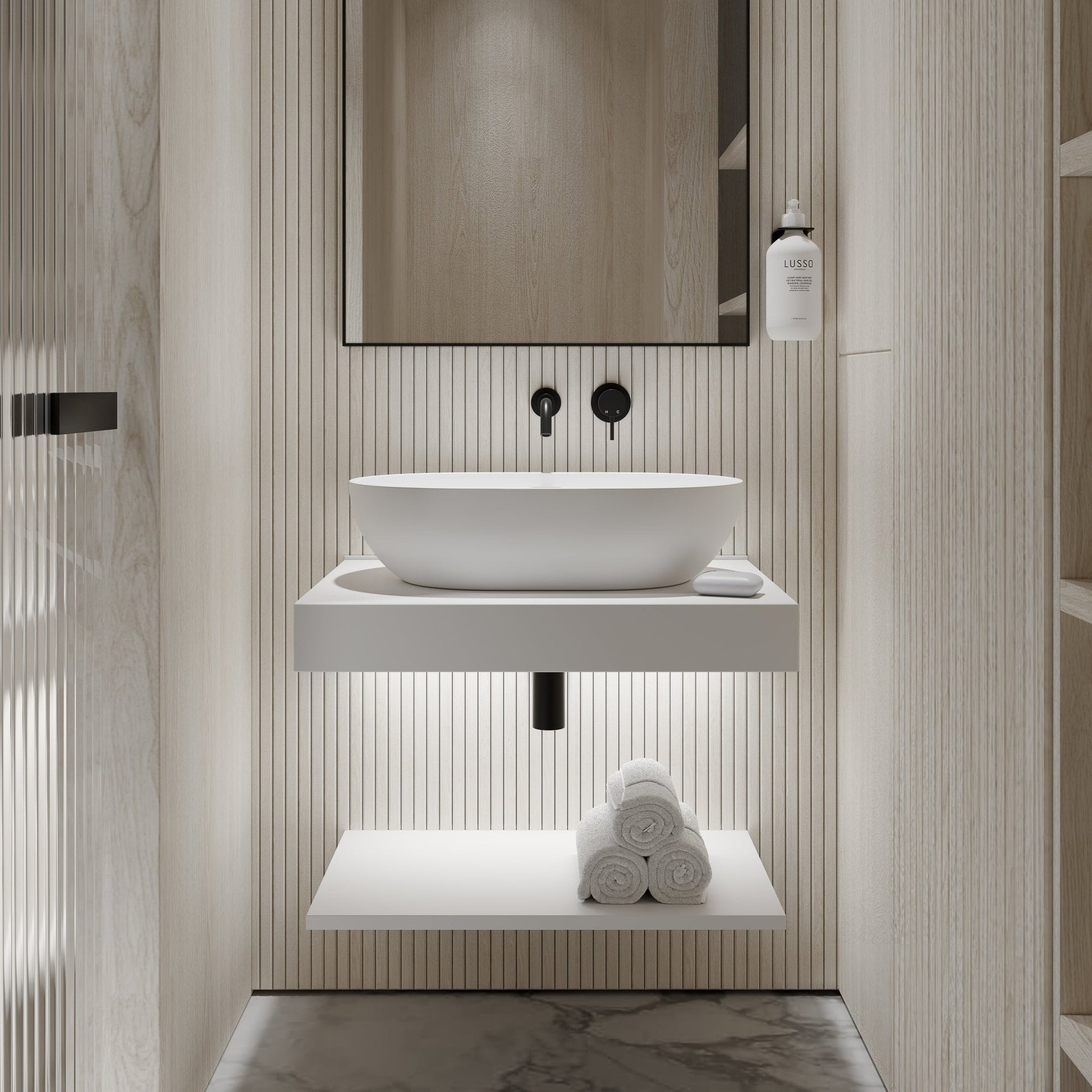 Stone Wall Hung Slimline Towel Shelf (660mm Wide - Polished White)