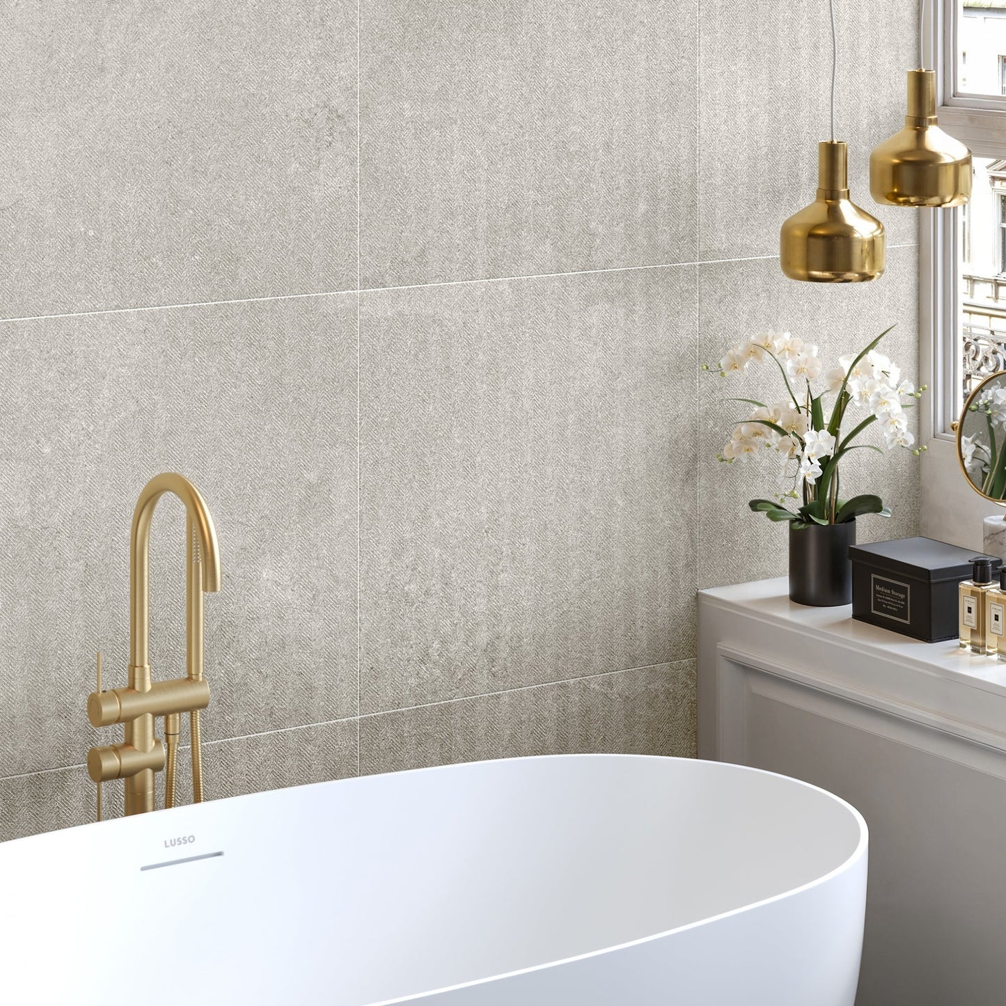 Torino Grigio True Limestone Chevron Porcelain Wall or Floor Tile 600 x 600mm