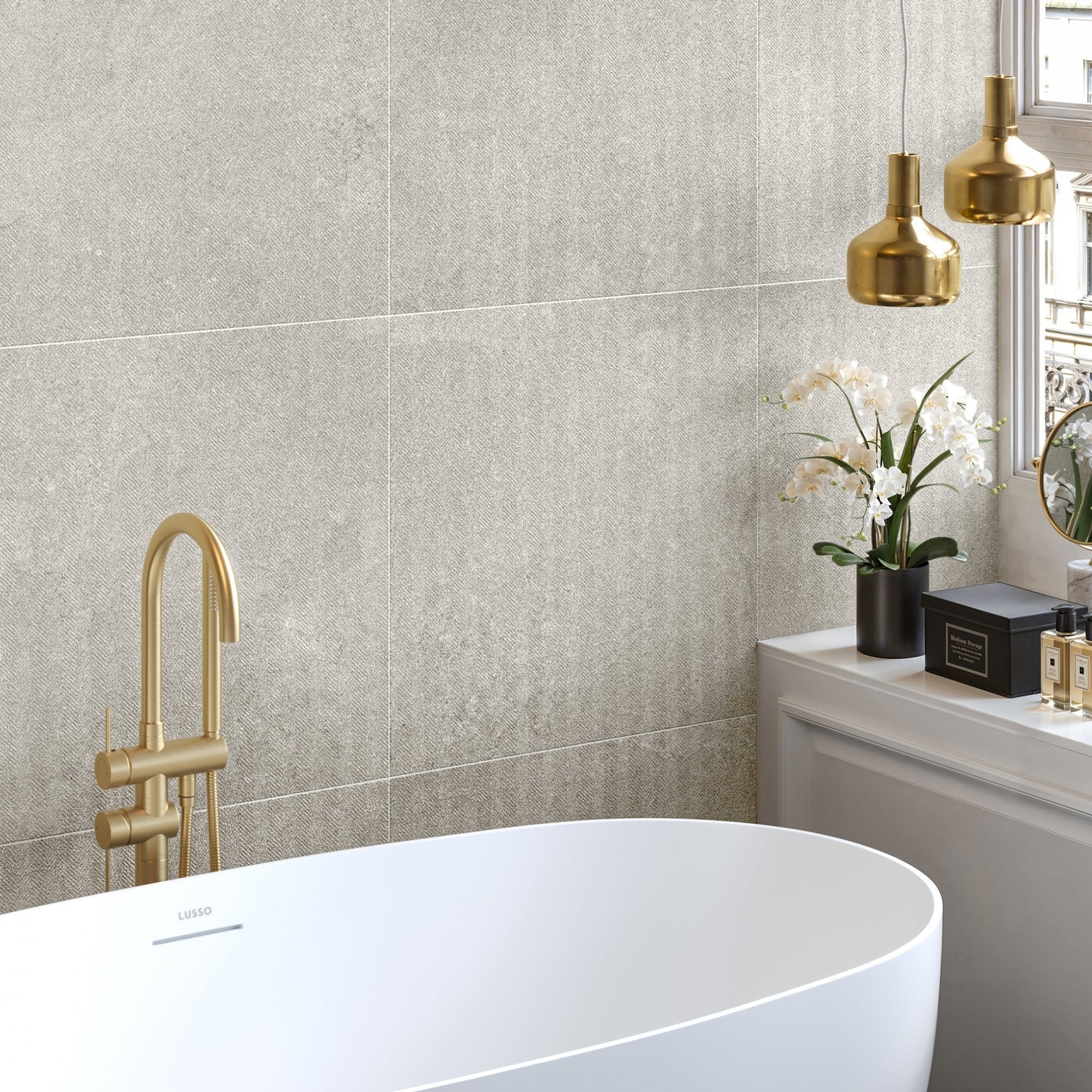 Torino Grigio True Limestone Chevron Porcelain Wall or Floor Tile 600 x 600mm