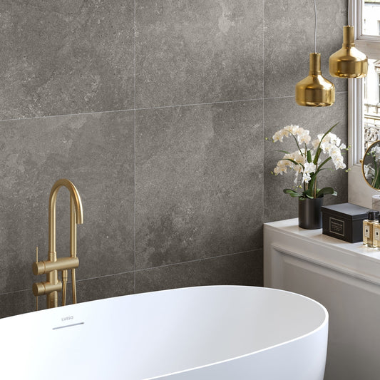 Torino Nero True Limestone Porcelain Wall or Floor Tile 600 x 600mm