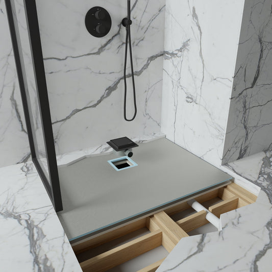Wet Room Walk in Shower Tray Kit - Offset Drain + Tanking Kit + Matte Black Waste Kit (ALL SIZES)