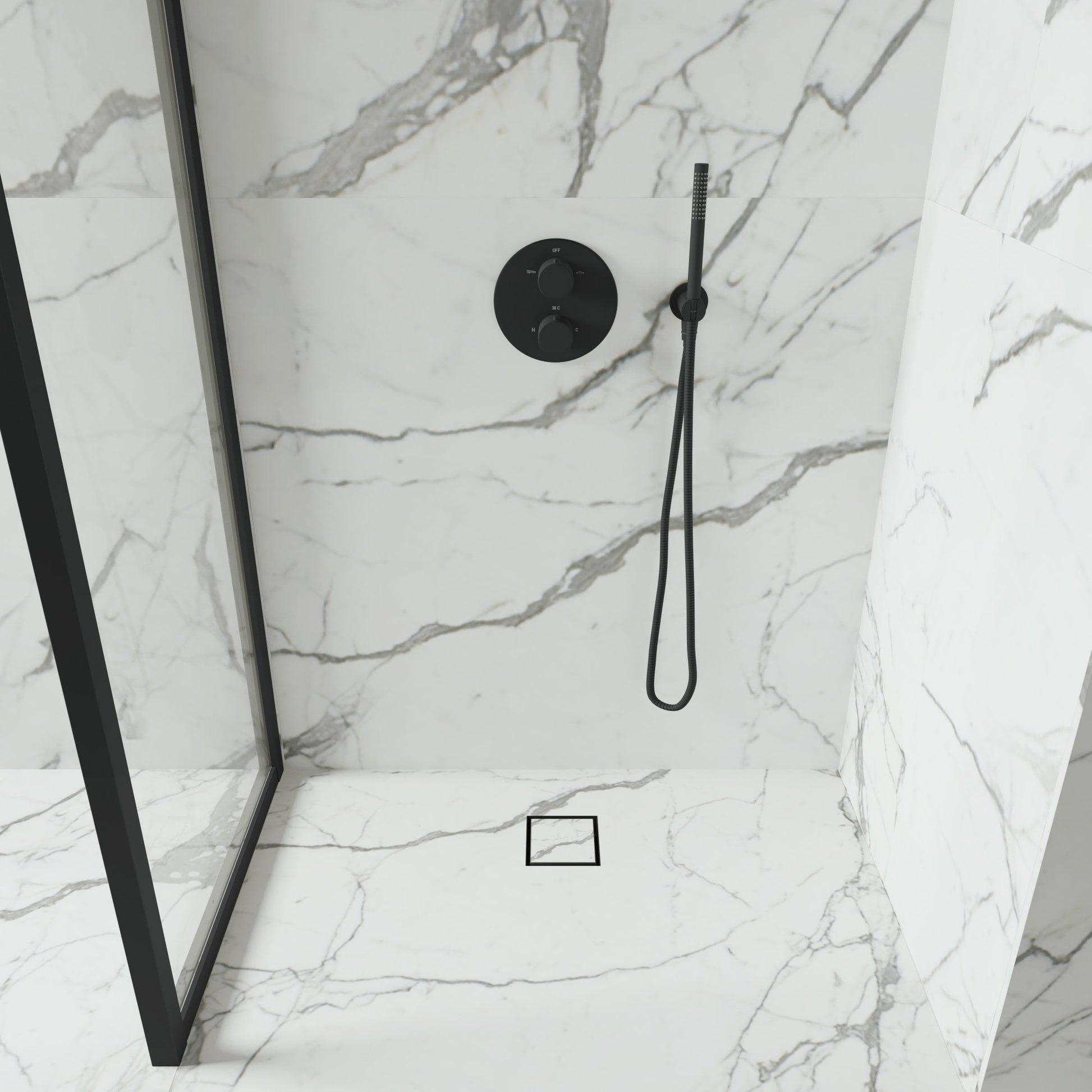Wet Room Walk in Shower Tray Kit - Offset Drain + Tanking Kit + Matte Black Waste Kit (ALL SIZES)