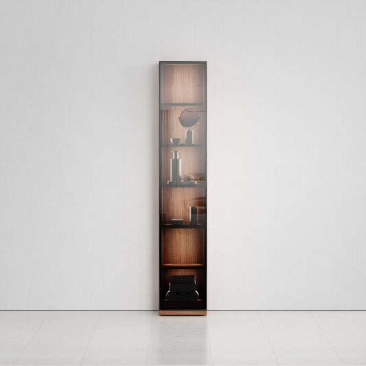 Zotto American Walnut Bathroom Glass Fronted Storage Cabinet with LED